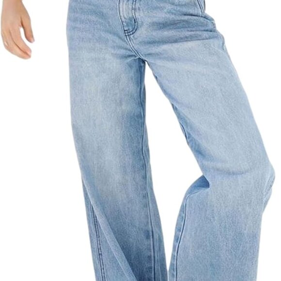 Stylish Women's Y2K Wide Leg Denim Pants - Distressed Mid Rise Light Blue - Picture 2 of 5
